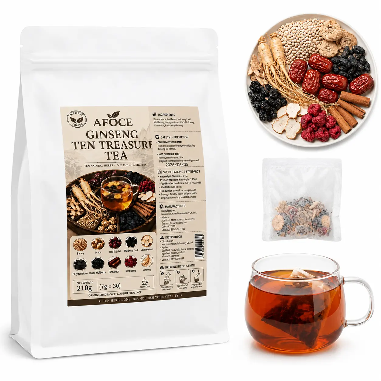 AFOCE Traditional Ginseng 10-Treasure Herbal Tea Beverage for Men & Adults, Botanical Tea Bags with Maca, Red Date, Goji Berry, Mulberry, Polygonatum, Raspberry for Balance