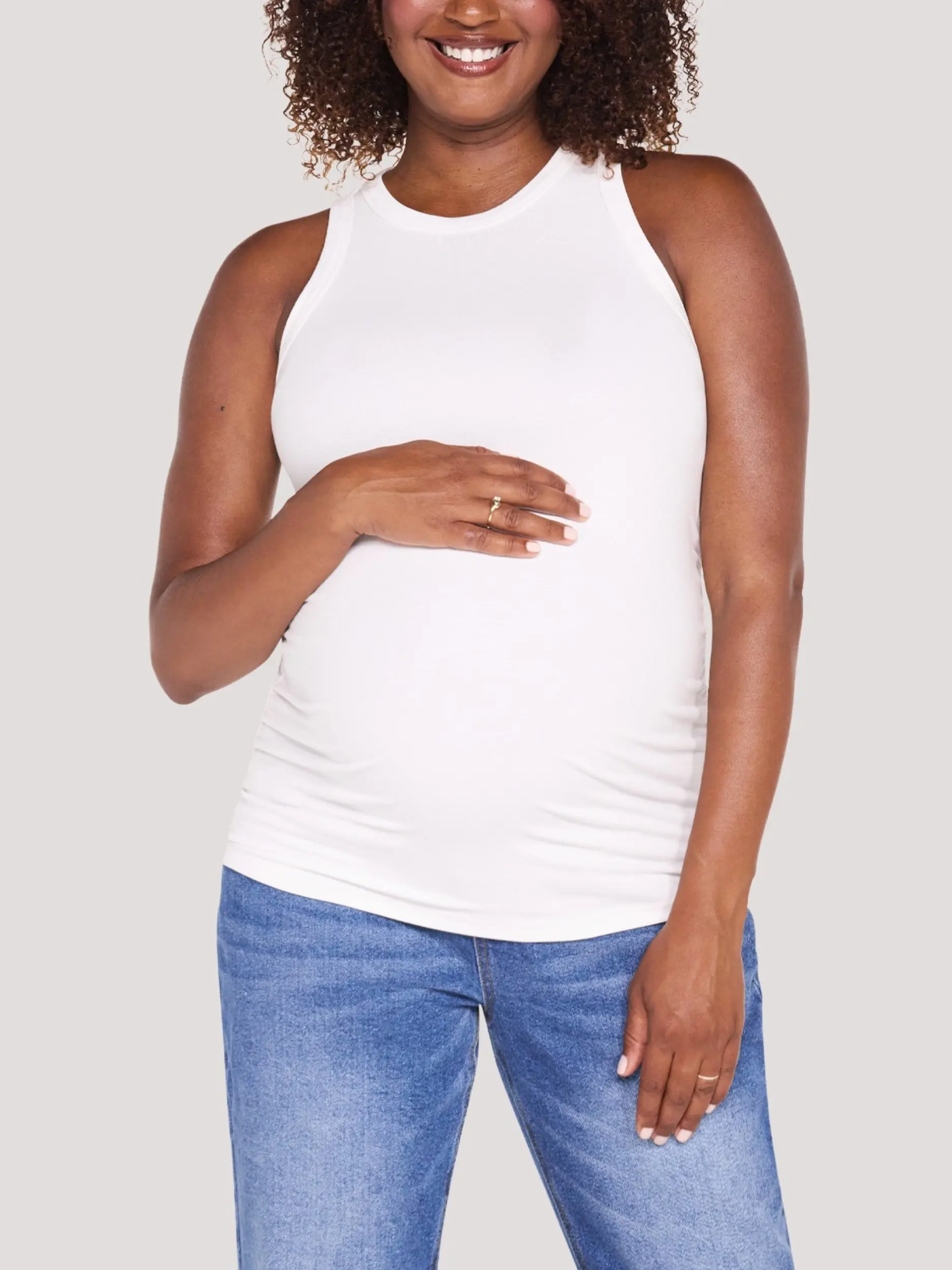Motherhood Maternity Women's Crew Neck Side Ruched Ribbed Maternity Tank - Pregnancy & Postpartum Top