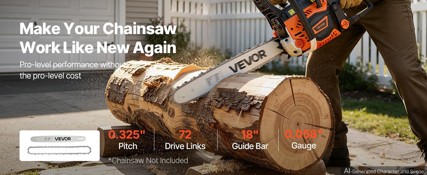 VEVOR Bar & Chainsaw Chain Combo 18" .325" Pitch .058" Gauge 72 Drive Links, Fits VEVOR CN-52G / CN-58G / CN-62G Gas Chainsaw, Alloy Steel, Replacement Guide Bar & Saw Chain with Sharp Cutter Teeth