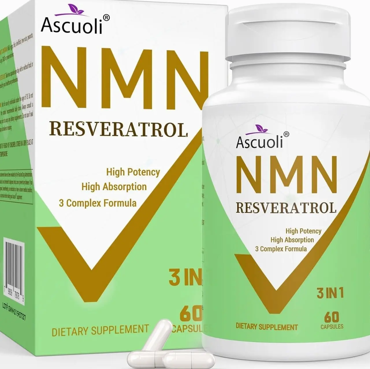 99% Ultra Purity NMN 500mg + Trans-Resveratrol 600mg, 1150mg NMN Resveratrol Supplement, 3-in-1 Advanced Formula for Boost* NAD, Cell, Immune, Energy & Muscle, Healthy Aging, Stabilized Form - 60 Caps