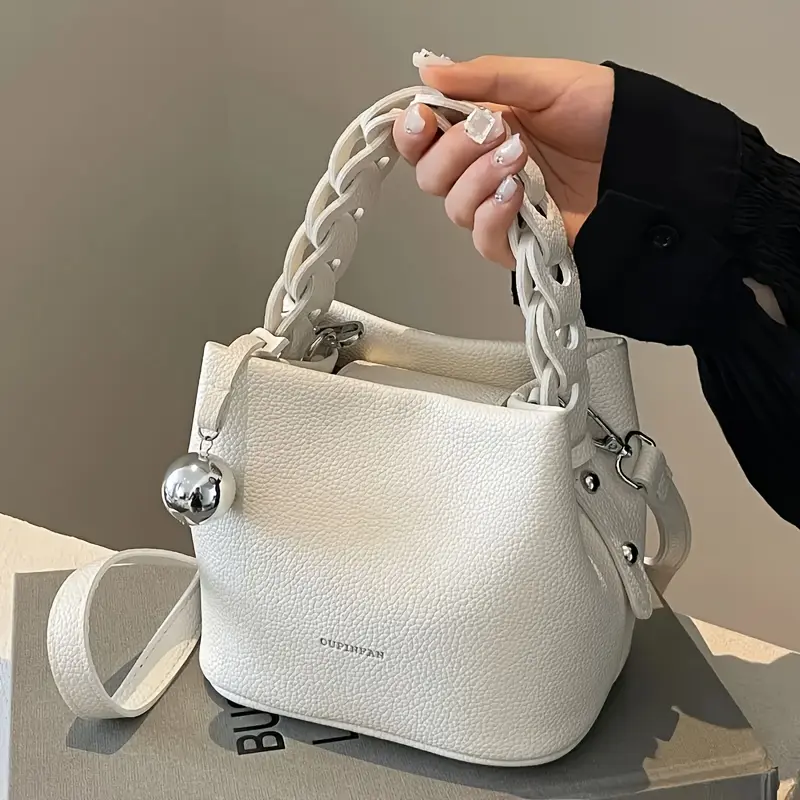 Women's Synthetic Bucket Handbag - D-Handle, Contemporary, Elegant Minimalist Round Top Handle, Detachable Strap, Golden-Tone Hardware, Lining, Durable Easy-Clean, Structured for Everyday & Formal Use, D-Handle Women's Handbags, Contemporary Women's Handb