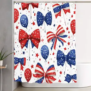 1/4pcs Fourth of July Patriotic Bathroom Decor Set, Bathroom Decorations, Red White Blue Shower Curtain Sets with Bows Stars & Dots Balloons, Matching Toilet Lid Cover, Bath Mat, Perfect for US National Holiday Celebration Decor