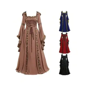 Women’s Medieval Retro Court-Style Hooded Dress with Square Neckline, Flared Sleeves, and Large Swing Skirt — Popular in Europe and America