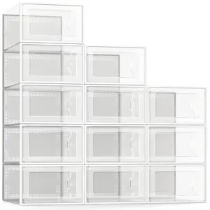 X-Large Shoe Storage Box Fit Size 11, Clear Plastic Stackable Shoe Organizer for Closet, Space Saving Foldable Shoe Rack Sneaker Container Bin Holder, 12 Pack Clear