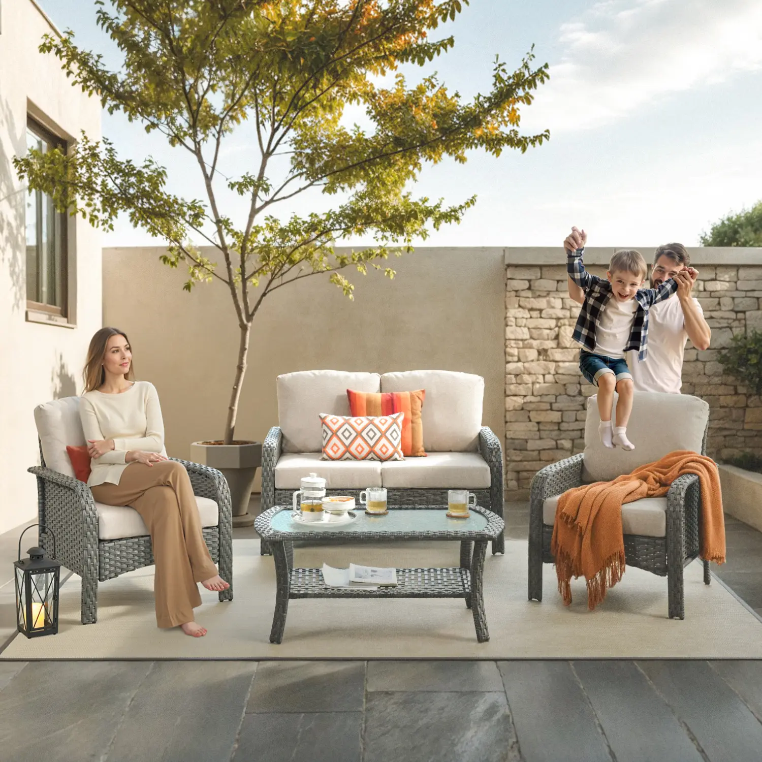 【2 Packages Shipping】Ovios 4 Pieces Patio Furniture Set, Outdoor Wicker Sofa with Coffee Table, Chairs, All Weather High Back Rattan Loveseat Couch wi