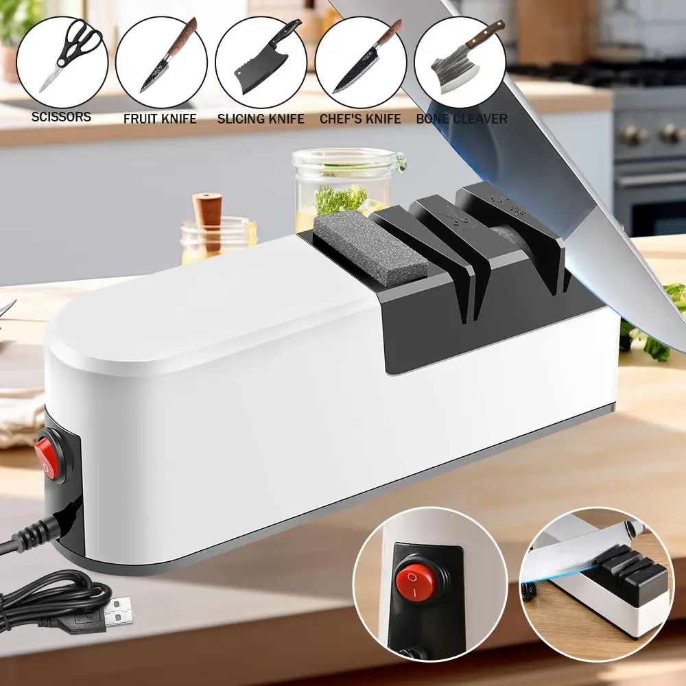 Professional 4-Slot USB Quick Sharp Electric Knife Sharpener 3-Speed Compact Electric Blade Sharpener Easy-to-Clean Non-Slip BaseIdeal for Home Cooking, Knives & Scissors for Rough Sharpening, Repair