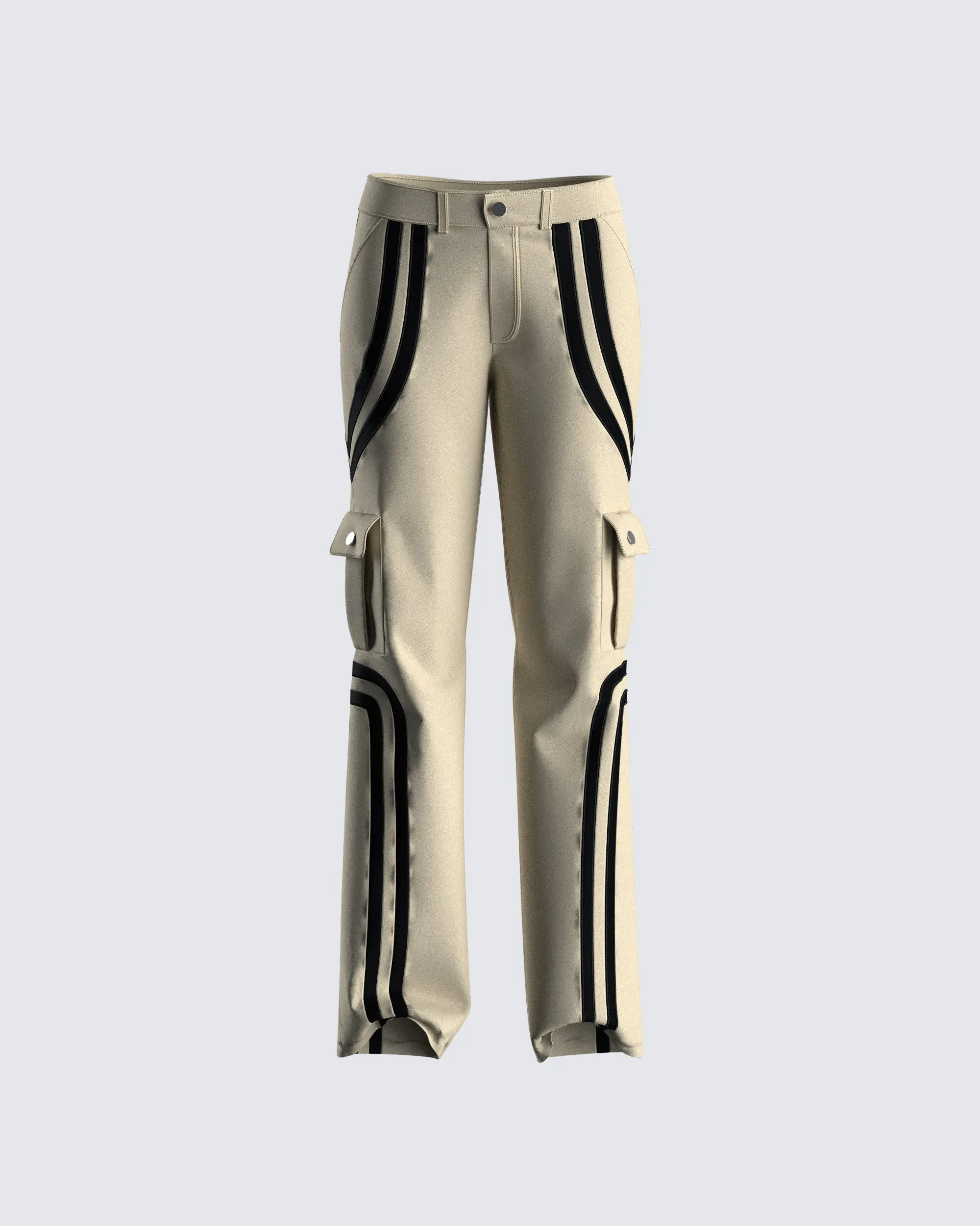Women's Taupe Wide Leg Cargo Pants with Black Racing Stripes | Relaxed Straight Fit Stretch Cotton with Side Pockets, Spandex, Hip, Basic, Casual, Button, Tee, Utility Pocket, Full Length, Bottom