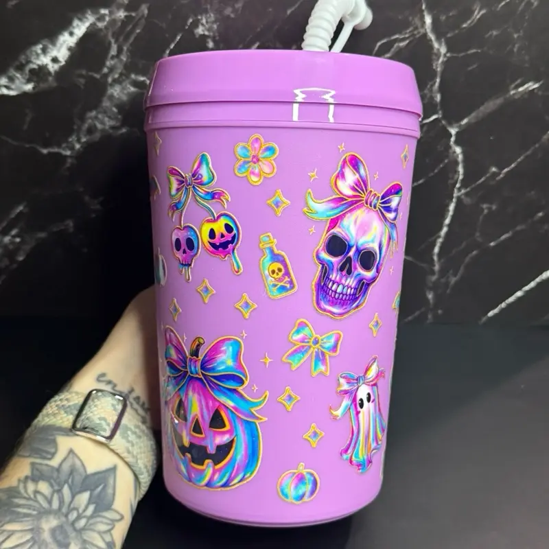 34oz Purple Plastic Trucker Hospital Mug with Colorful Skull and Bow Design