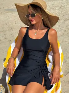 Modest Tankini Set with Drawstring & Padded Bust - Beach Vacation Swimwear