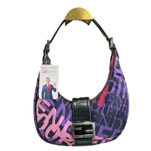 Pre-owned FENDI Nylon & Patent Leather Shoulder Bags Graffiti Monogram Purple Black Patent Leather Sterling Croissant Purse