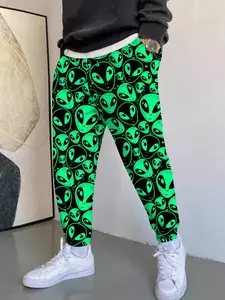 Men's Alien Cartoon Print Streetwear Pants, Fitted Long Casual Joggers, Fashion Sportswear for All Seasons, Comfortable and Stylish