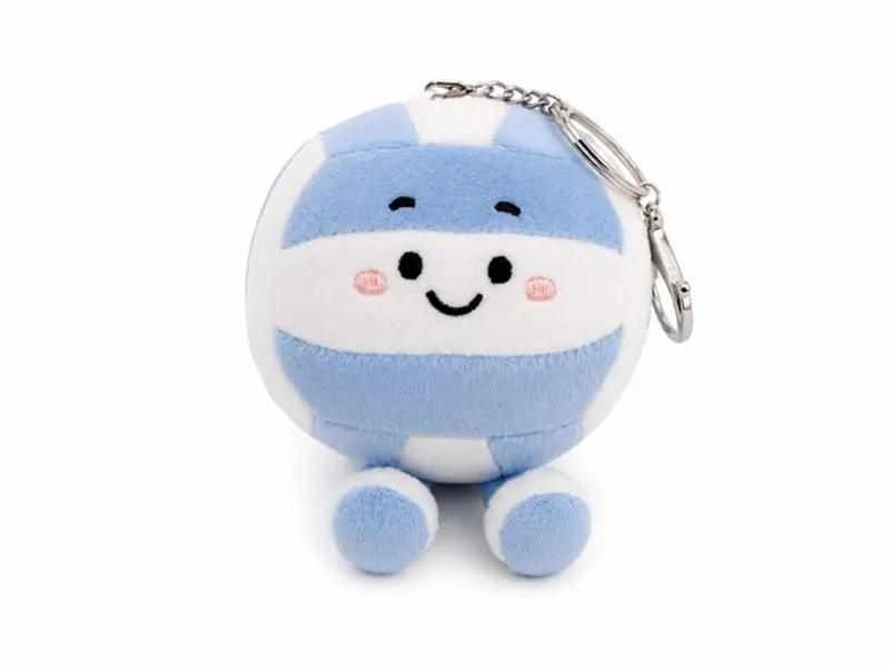 Plush Light Blue (Carolina blue)  and White Volleyball Bag chatm or Keychain with Adorable Face Design and Soft Texture. Great Volleyball gift idea. Playful Fashionable