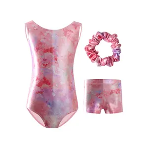 Kids Shiny Metallic Gymnastics Leotard Set, Girls Sleeveless Bodysuit + Shorts + Scrunchie 3-Piece Set, Specially for Ballet & Dance