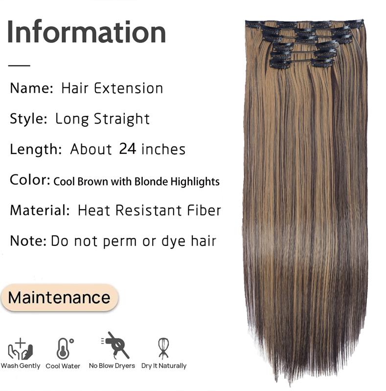 Clip in Hair Extensions 24 Inches Straight Hairpieces 6 PCS Set Heat Resistant Synthetic Fiber Full Head High-temperature Double Weft natural fluffy Comfortable Thick Hair Piece Clip ins add length for Women