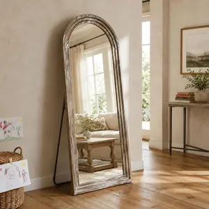 63"x21" Arched Solid Wood Full Length Floor Mirror, and, Triple-Layer Frame for Bedroom & Entryway, Living RoomWhitewashed Rustic Farmhouse Body Mirror with St