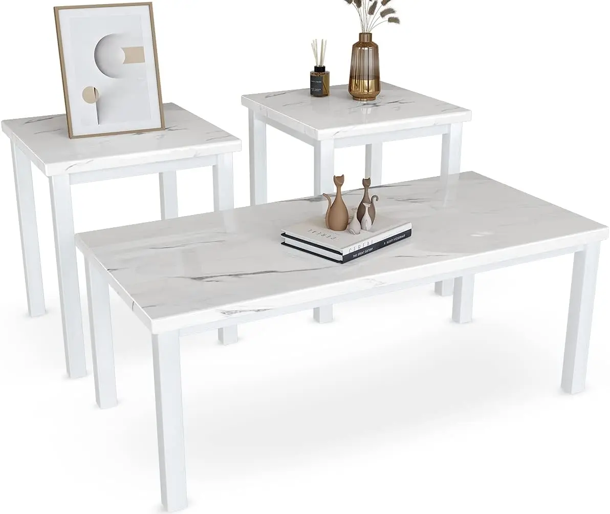 Recaceik Modern Faux Marble Coffee Table Set of 3 with Metal Frame Living Room Table & 2 End Tables for Home Decor & Interior Design Luxurious Finish Convenience Sturdy
