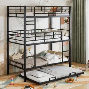 Triple Bunk Bed with Trundle, Twin Over Twin Bunk Beds, Metal Quad Bunk Beds, 3 Bunk Beds with 2 Ladders & Guardrails, Convertible Heavy Duty Steel Frame, Black
