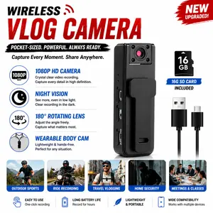Wireless Vlog Body Camera With 16G SD Card, 1080P Camcorder, Wearable Body Cam with Night-Vision & 180° Rotation Lens, Portable Sport DV Camcorder for Outdoor Sport Skiing Cycling Hiking(No APP)