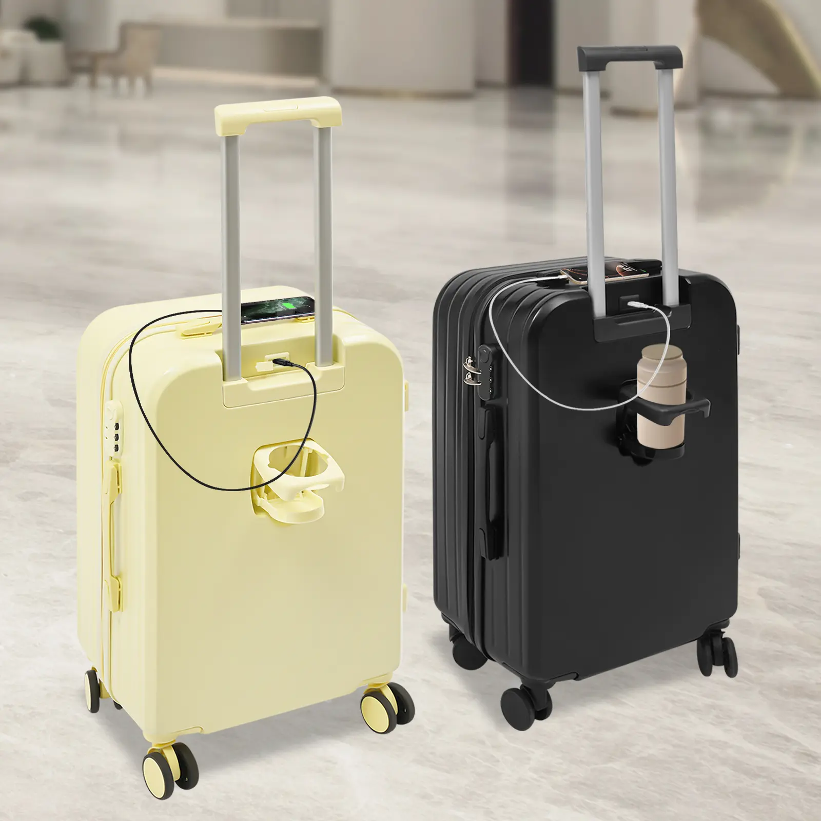 CNCEST 24" Modern ABS Hardshell Traveling Bag, Checked Luggage with Spinner Wheels, USB Port, Cup Holder & Side Hook, Carry On Luggage