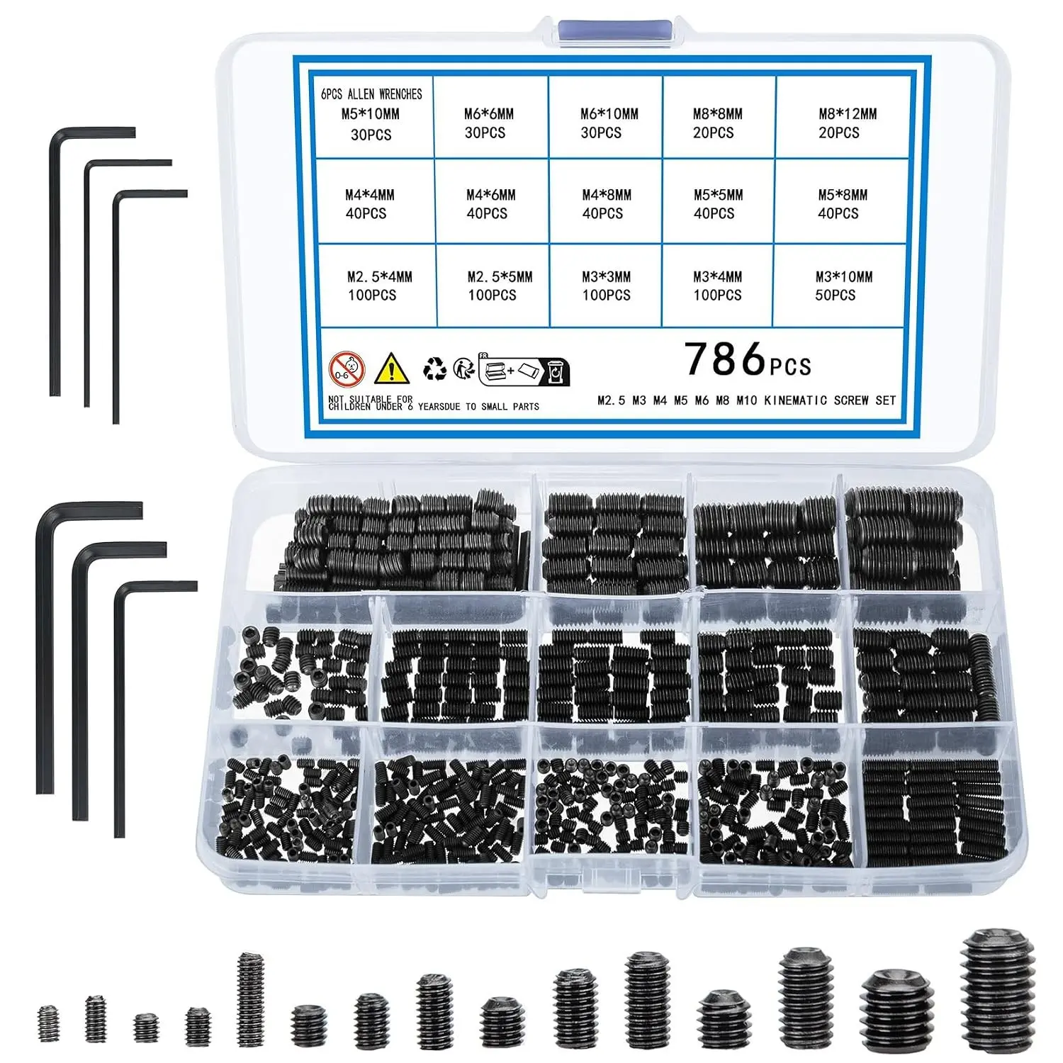 786pcs M2.5 M3 M4 M5 M6 M8 Allen Head Hex Socket Head Grub Screws,Metric Set Screws Assortment Kit, Internal Hex Drive Cup-Point Screws Set for Door Handles, Light Fixture(786)
