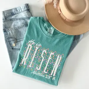 Comfort Colors He Is Risen Easter Shirt, Christian Floral Cross Tee, Jesus Faith Shirt Matthew 28:6, Easter Gift for Women, Religious Spring Outfit