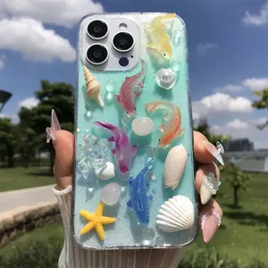 Handmade Phone Case Natural Shell Feng Shui Fish Crystal Conch Starfish Pearl Decoration Soft Protective Cover for iPhone 17 16 15 14 13 12 Pro Max