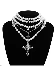 3-Piece Layered Pearl & Cross Adjustable Beaded Design Necklace Set | Gothic Punk Edgy Gift for Her, Halloween & Party Looks, Faux Pearl Jewelry