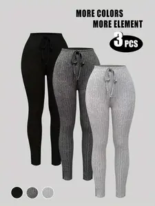 Women's Slim-Fit Striped Knitted Pants Set, Casual Drawstring Waist Long Trousers, 3-Piece High-Waisted Tight Fit Bottoms, Womenswear