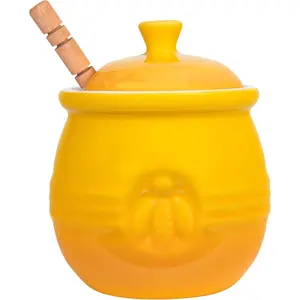 Yellow Stoneware Honey Pot with Lid & Wood Honey Dipper