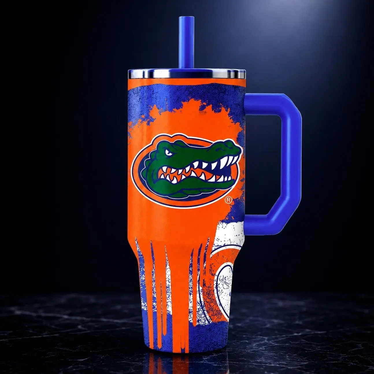 Florida Gators 40oz Tumbler with Handle, Orange Paint Drip UF Quencher, College Football Tailgate Mug, Insulated Steel Cup