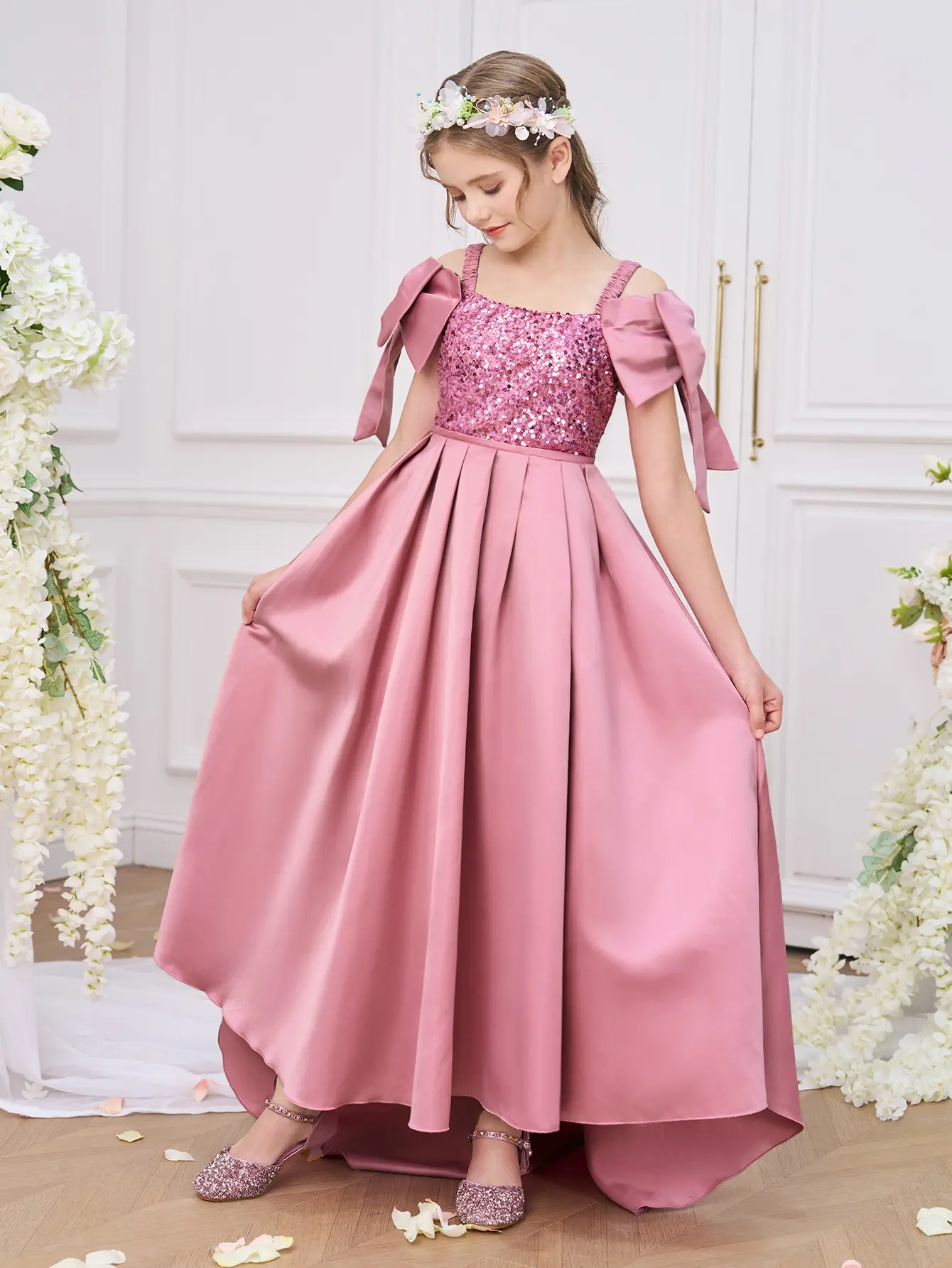 0035 Teen Girl Party Dress With Bow Decor Suitable For Valentine's Day Party Birthday Celebration Flower Girl Bridesmaid Gown Formal Occasions Wedding Prom