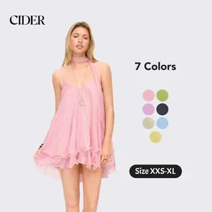 Cider Sequin V-Neck Halter Ruffled Hem Oversized Mini Dress With Scarf