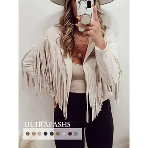 Women's Solid Color Fringe Trim PU Leather Jacket, Casual Long Sleeve Collared Outerwear for Spring & Fall, Ladies Clothes for Daily Wear