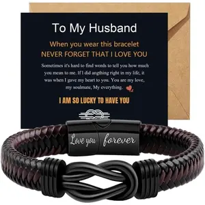 Braided Leather Bracelet with Gift Box, 1 Set Lettering Love You Forever Gifts for Son, Birthday, Anniversary and Graduation Gift, Bracelet Design, Personalized Jewelry Christmas Gifts for Man Son Husband Boyfriend Dad Grandson