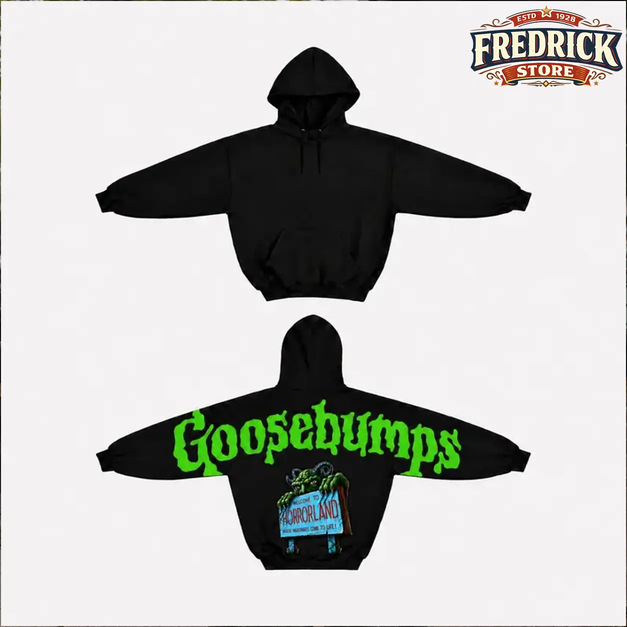 Retro Horrorland Shoulder-to-Shoulder Back Lettering Sweatshirt Hoodie, Vintage Monster Graphic Pullover, Gothic Halloween Streetwear, Spooky Season Gift