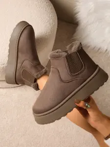 Women's Plain Platform Boots, Casual Fall & Winter Snow Boots, Winter Booties, Warm Round Toe Walking Shoes, Comfortable Rubber Sole Footwear