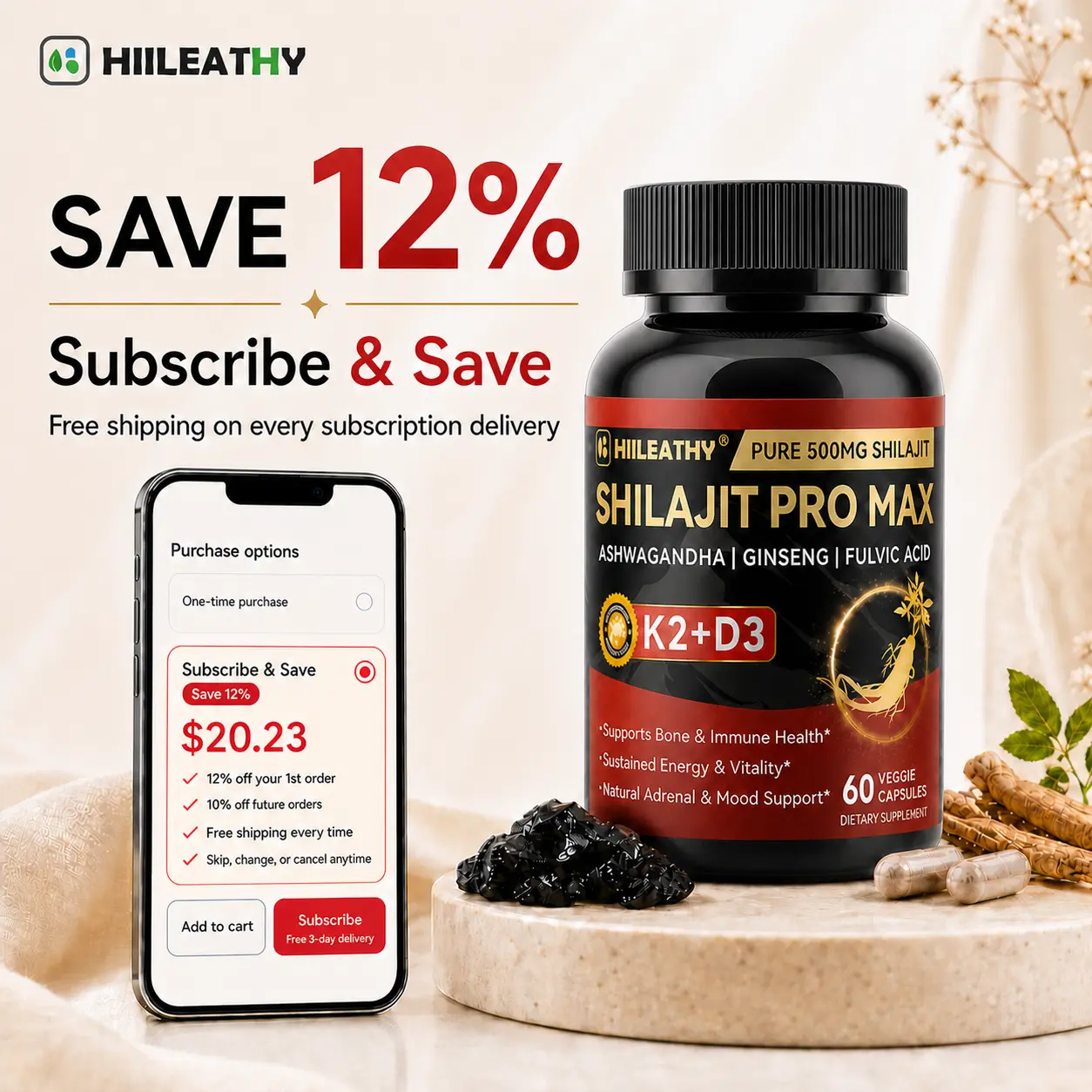 HIILEATHY | Optimal*Shilajit PRO MAX with K2 & D3 - 60 Capsules - Premium Fulvic Acid & 84+ Minerals for Immune Support, Energy & Anti-Aging - USA Made