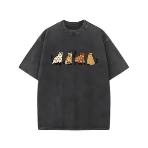 1pc, 230G Washed, Cute Cat Outfit Printed T-Shirt, High-Quality Wax Printed  Retro Fashion Brand T-Shirt, Suitable for Summer T-Shirt with a Certain Thickness, Holiday Gift