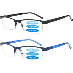 Progressive Multifocus Reading Glasses 2 Pack Metal Half Frame Women Men Blue Light Blocking Rectangle Glasses