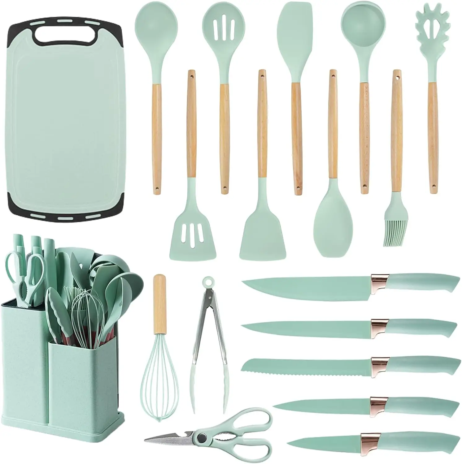 Cooking Utensils Set, 19 Piece Kitchen Set Cutlery Set with 11 Piece Spatula Cooking Utensils, Heat Resistant Silicone Cutlery 6 Piece Sharp Knife Set