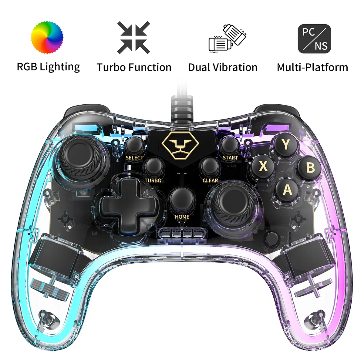 AOLION PC20 Wired Game Controller - RGB, Turbo, Dual Vibration, Colorful Transparent Adjustable Shell Gaming Accessory, Compatible with Windows PC, Switch, PS3, TV Box, Console (Not for Xbox/PS4/PS5)