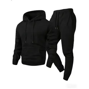 Men's high-end two-piece solid color hooded sweatshirt+leg binding pants set
