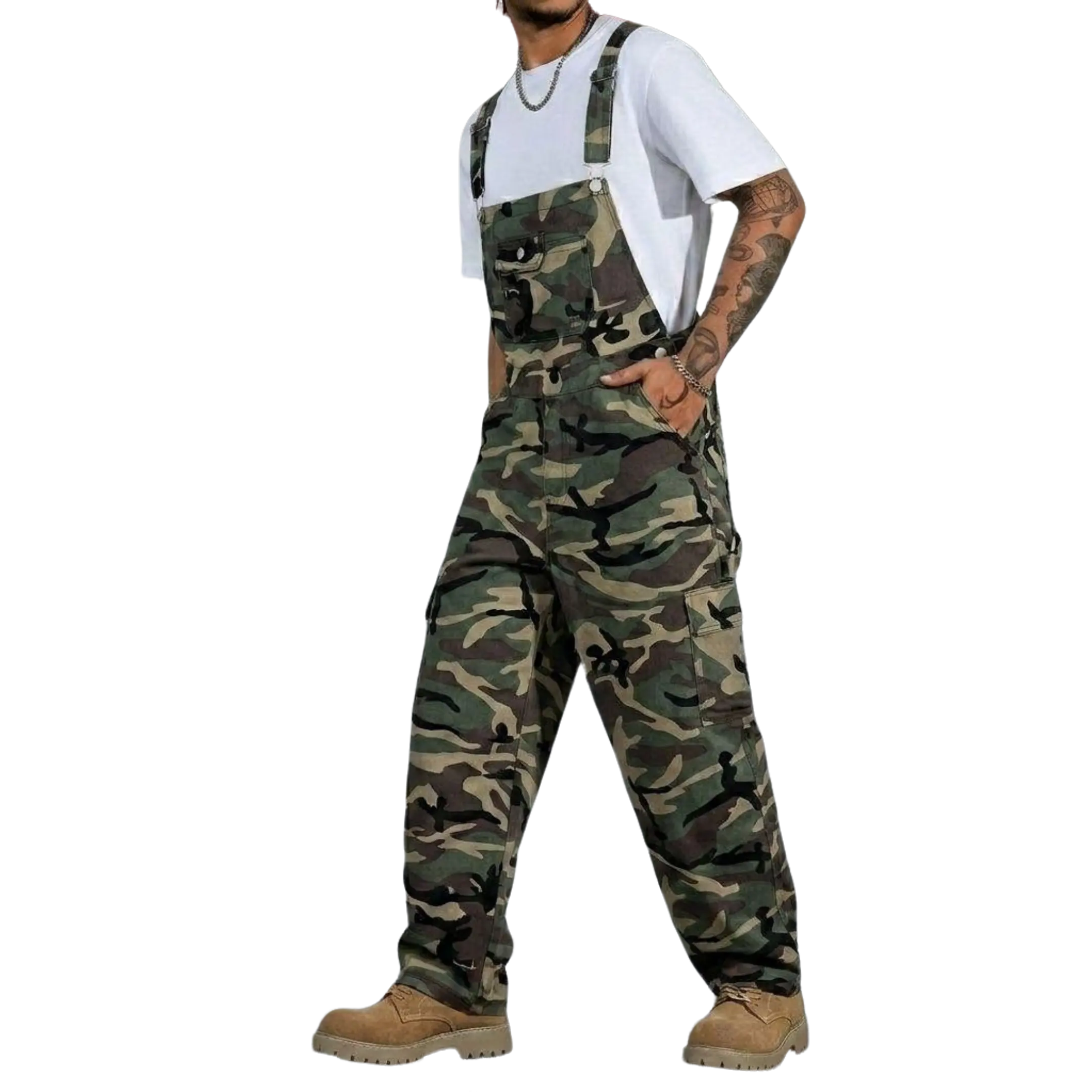 Men's Camo Wide Leg Overalls Hip Hop Streetwear Multi Pocket Casual Workwear Camouflage Dungarees Trousers Fashion Casual Overalls Everyday Overalls