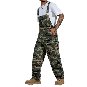 Men's Camo Wide Leg Overalls Hip Hop Streetwear Multi Pocket Casual Workwear Camouflage Dungarees Trousers