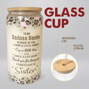 Lock&Knock - To My Bestie 16oz Glass Coffee Tumbler - With Lids And Straw, Birthday Gifts For Women, Her, Sister, Best Friends, BFF - Thanks For Being My Unbiological Sister Iced Coffee Cup