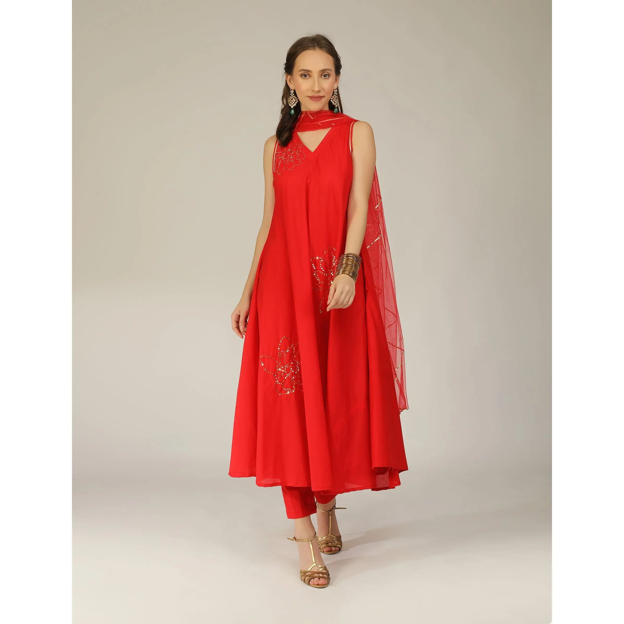 Iro Red Cotton Flare Kurta Pant Set