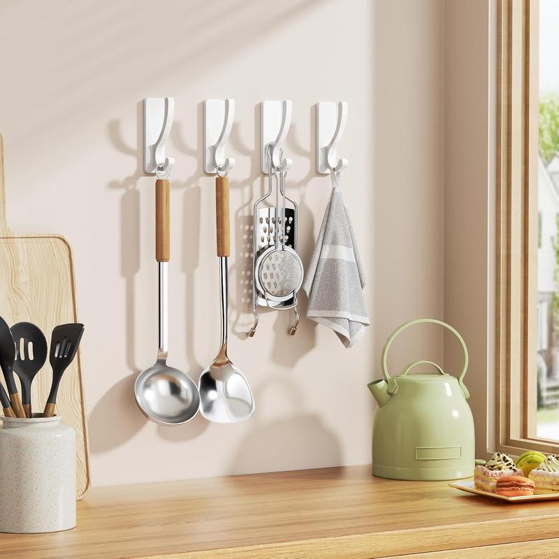 Adhesive Wall Hooks for Towels Coats - Stick On Hooks Hanging Heavy Duty (13lb), Metal Hook for Door, Bathroom, Dorm, Closet - Hanger for Purse, Bag, Robe,Backpack - No  to Wall - White 4 Pack