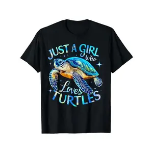 Women's Crew Neck Black T-Shirt with Just a Girl Who Loves Turtles Text and Turtle Graphic for Casual Wear