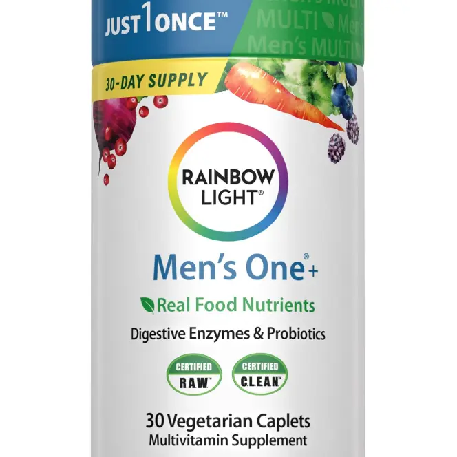 Rainbow Light Mens Multivitamin One + | 30 Caplets | Real Food Nutrients, Digestive Enzymes & Probiotics