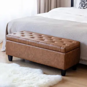 【JOYVELLEHEIM】Faux Leather Storage Ottoman Bench, End of Bed Storage Benches, Button Tufted, Solid Wood Leg, Safety Hinge, Modern Accent Leather Ottoman Storage for Bedroom Living Room Entryway deep